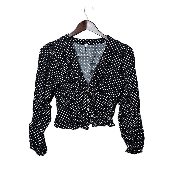Free People Women's Black & White Polka Dot Button Up V-Neck Long Sleeve Blouse - Picture 2 of 5